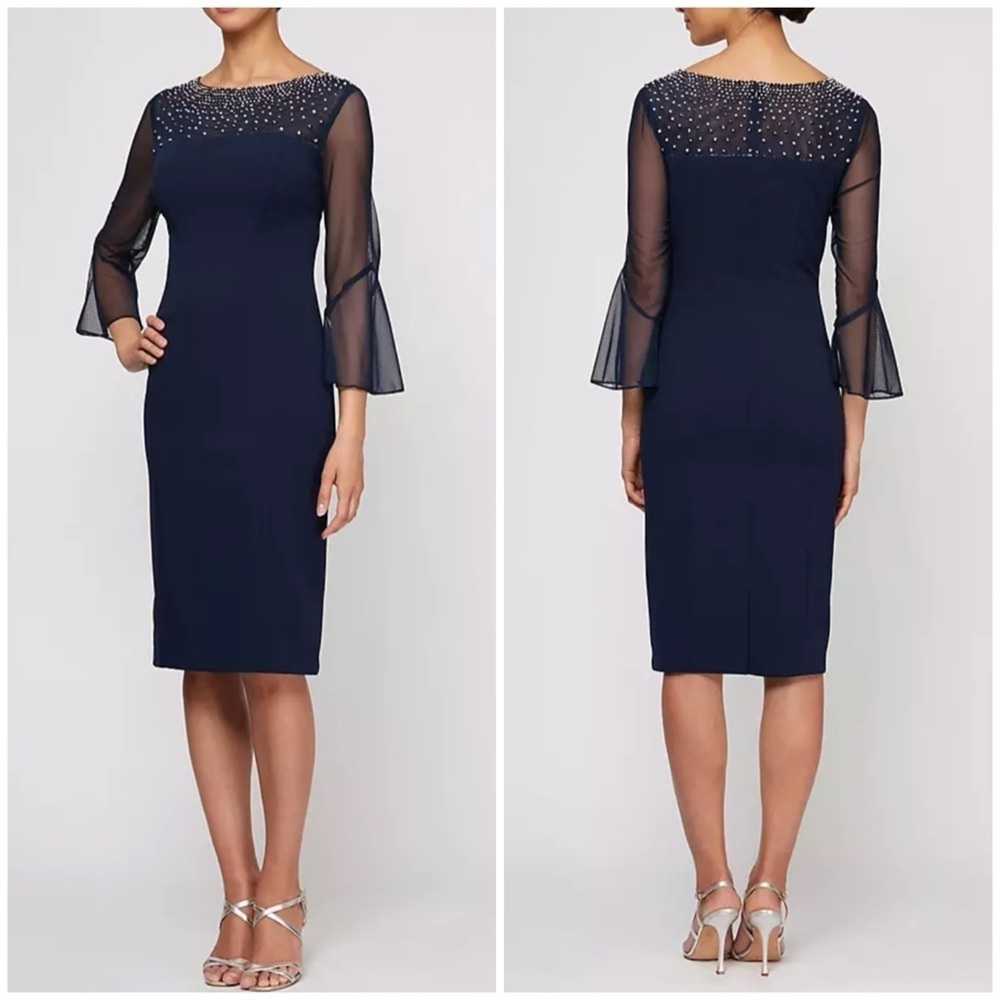New Alex Evenings Beaded Neckline Sheath Dress Illusion Sleeves Blue Sz 6